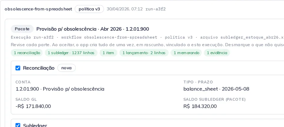 Pacote gerado por um agente: reconciliação nova, subledger de 1.237 linhas e diferença coberta pelo item e lançamento