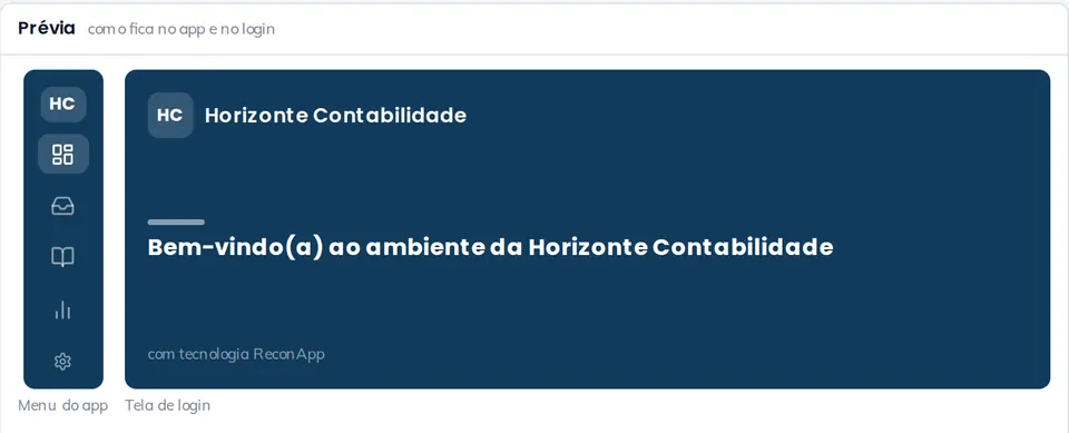 Tela de marca com nome, cor do menu e a prévia do app e do login