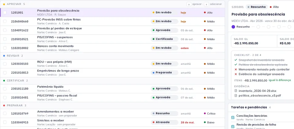 Lista da Minha fila com status, vencimento e risco, e a prévia da conta